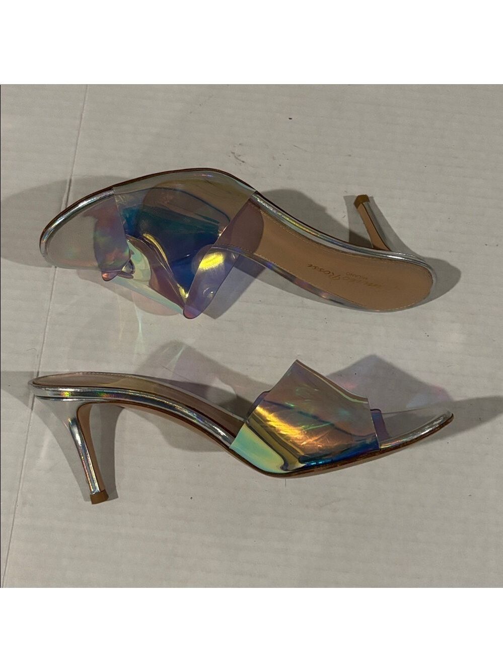 Gianvito Rossi Elle 105 Silver Iridescent and Foil Leather Plexi Mules-36 Euro - Picture 4 of 8